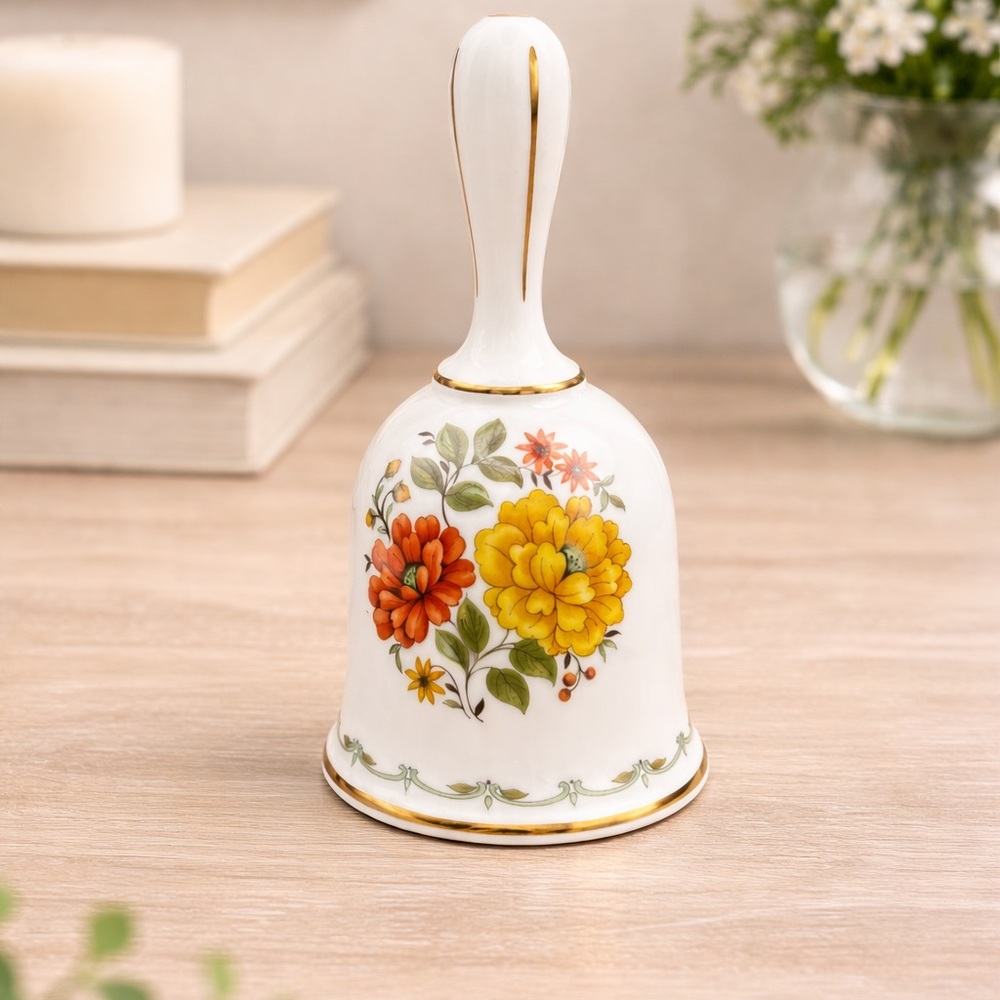 Floral Ceramic Bell with Gold Accents